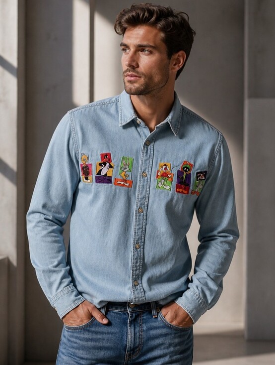 Warner Bros. Other - Warner Bros. Light Blue Denim Button-Down Shirt with Multicolor Cartoon Patches